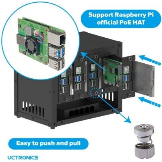 UCTRONICS Enclosure for Raspberry Pi Cluster Compatible with Pi 4B, 3B/3B+ House Up to 4 2.5″ SSD, Support PoE /PoE + HAT and Switch, 2 Cooling Fans